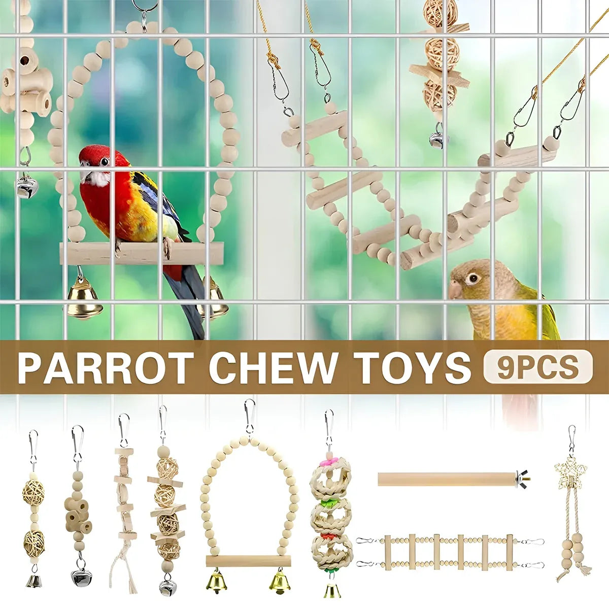 Bird Chew Toys Wooden Color 9-Piece Set Swing Hanging Bridge for Parrots AUS