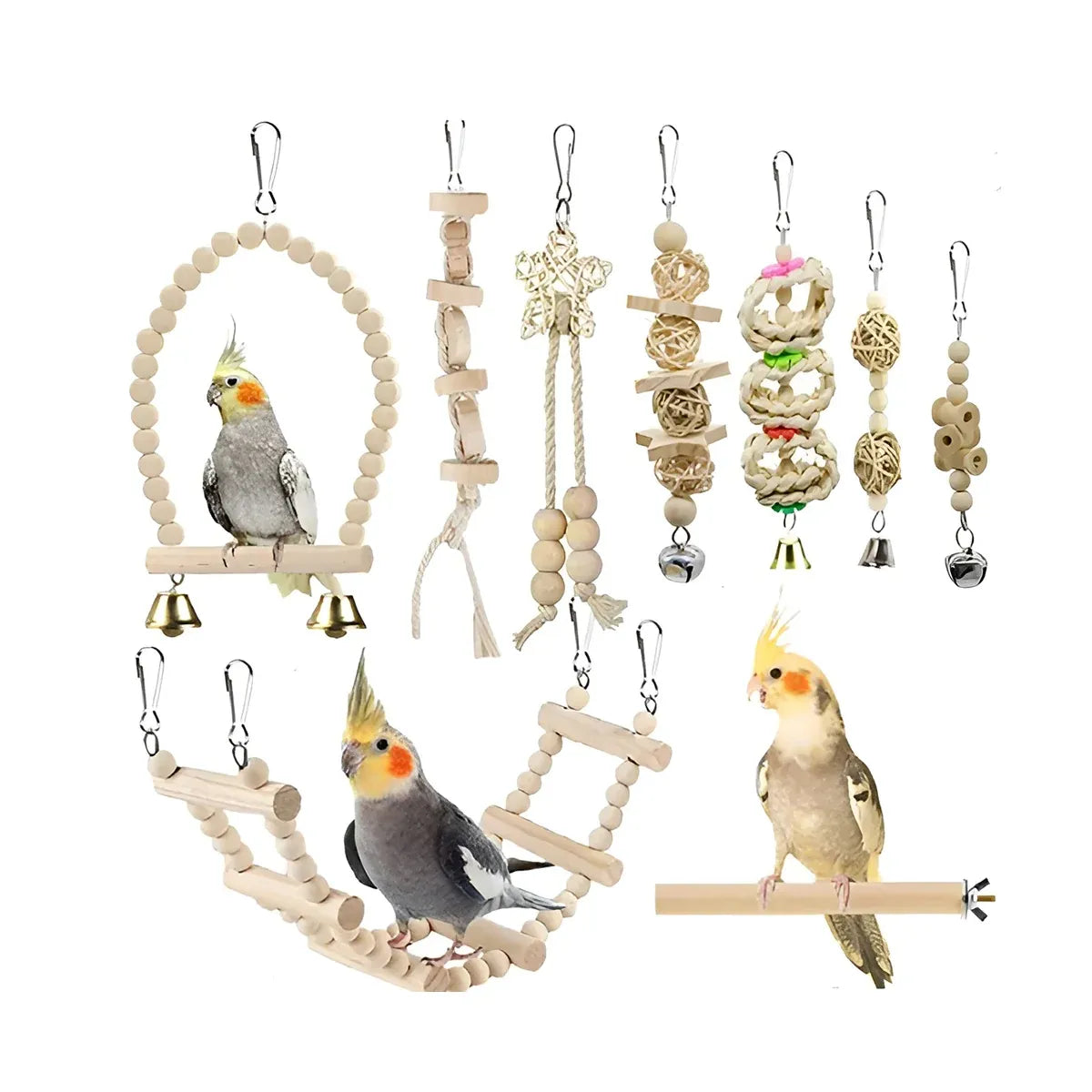Bird Chew Toys Wooden Color 9-Piece Set Swing Hanging Bridge for Parrots AUS