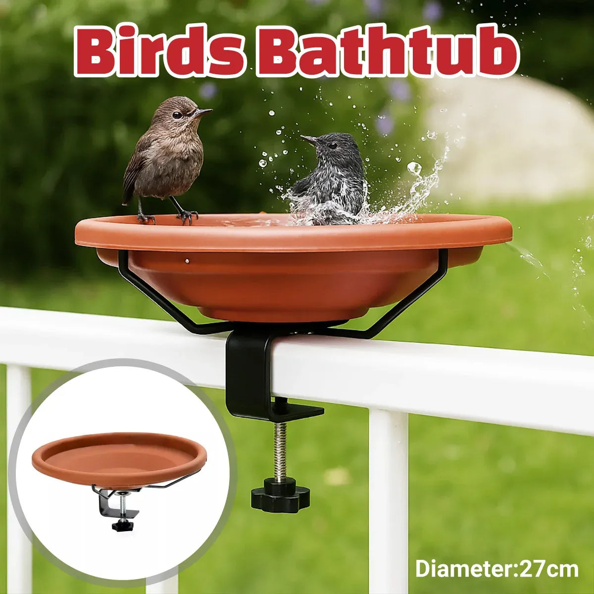 Hanging Bird Bath Basin Balcony Railing Bird Feeder Bowl Outdoor Water Dish