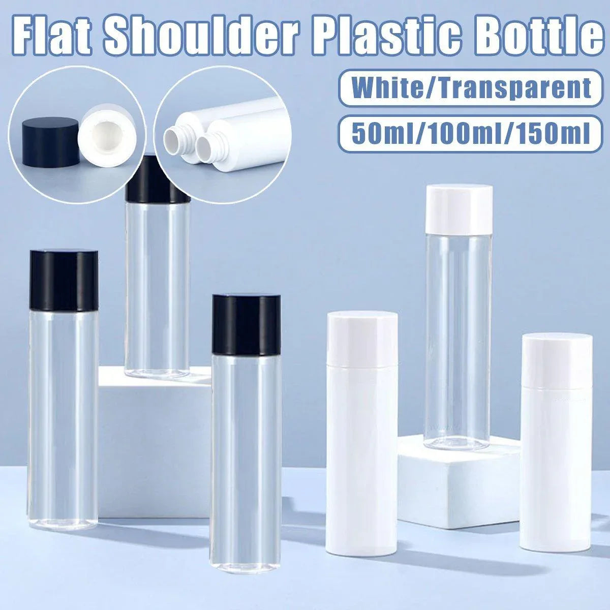 50/100/150ml Plastic Toner Lotion Bottles Refillable Travel Cosmetic Containers - Black Lid + White Bottle - 100ml - Mekamart Australia