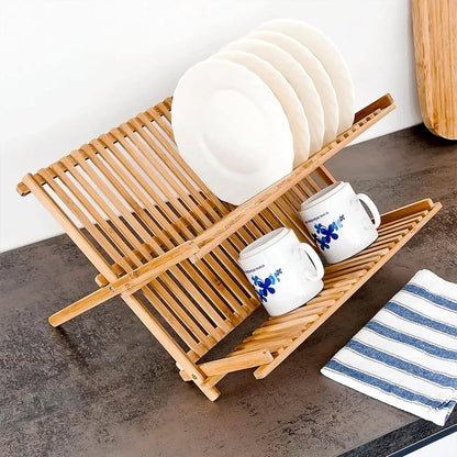 Bamboo Dish Drying Rack 2 Tier Foldable Sink Organiser 45 x 26cm Countertop