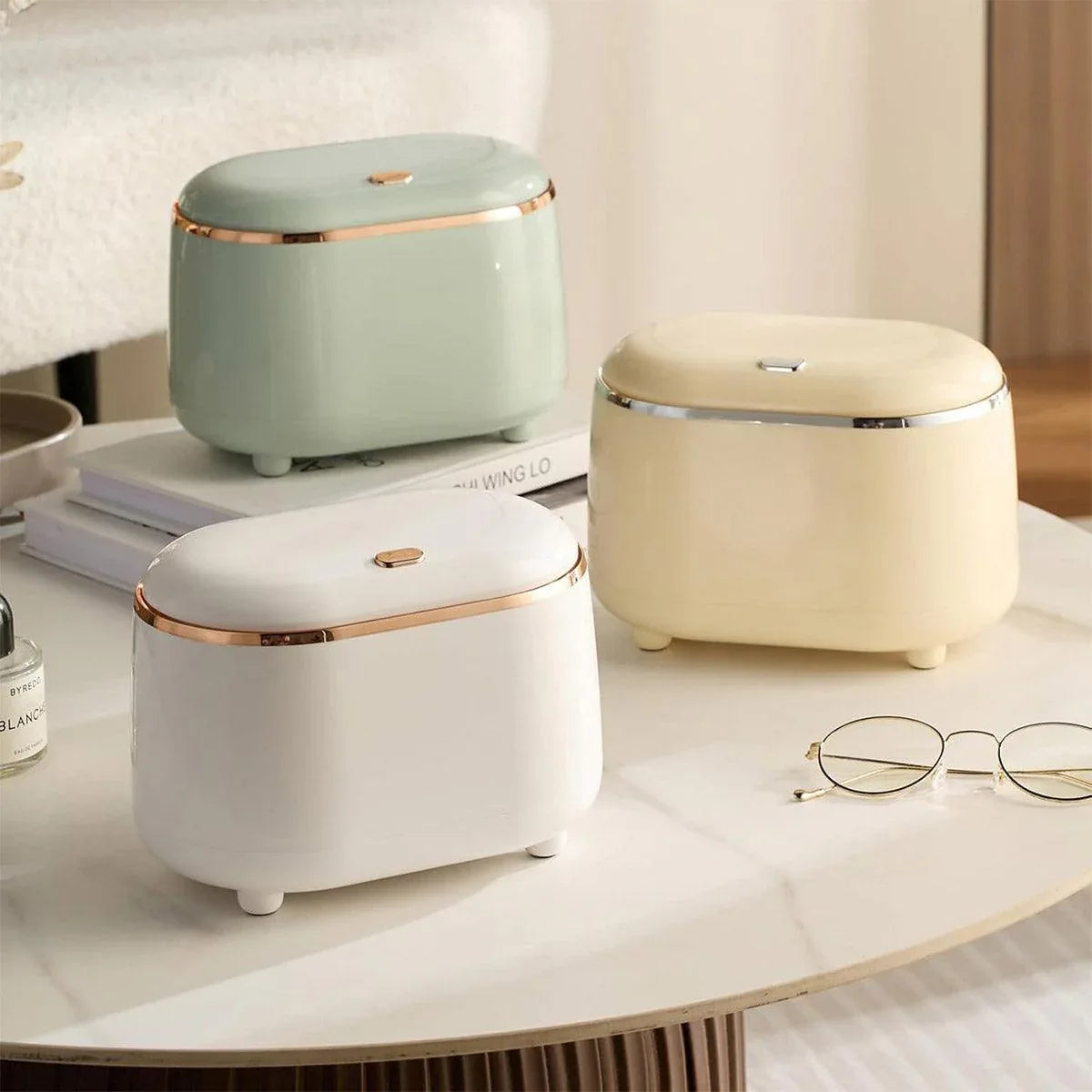 Small Desktop Trash Can Oval Pop Up Lid Rubbish Bin Waste Organizer Container - Beige - Mekamart Australia