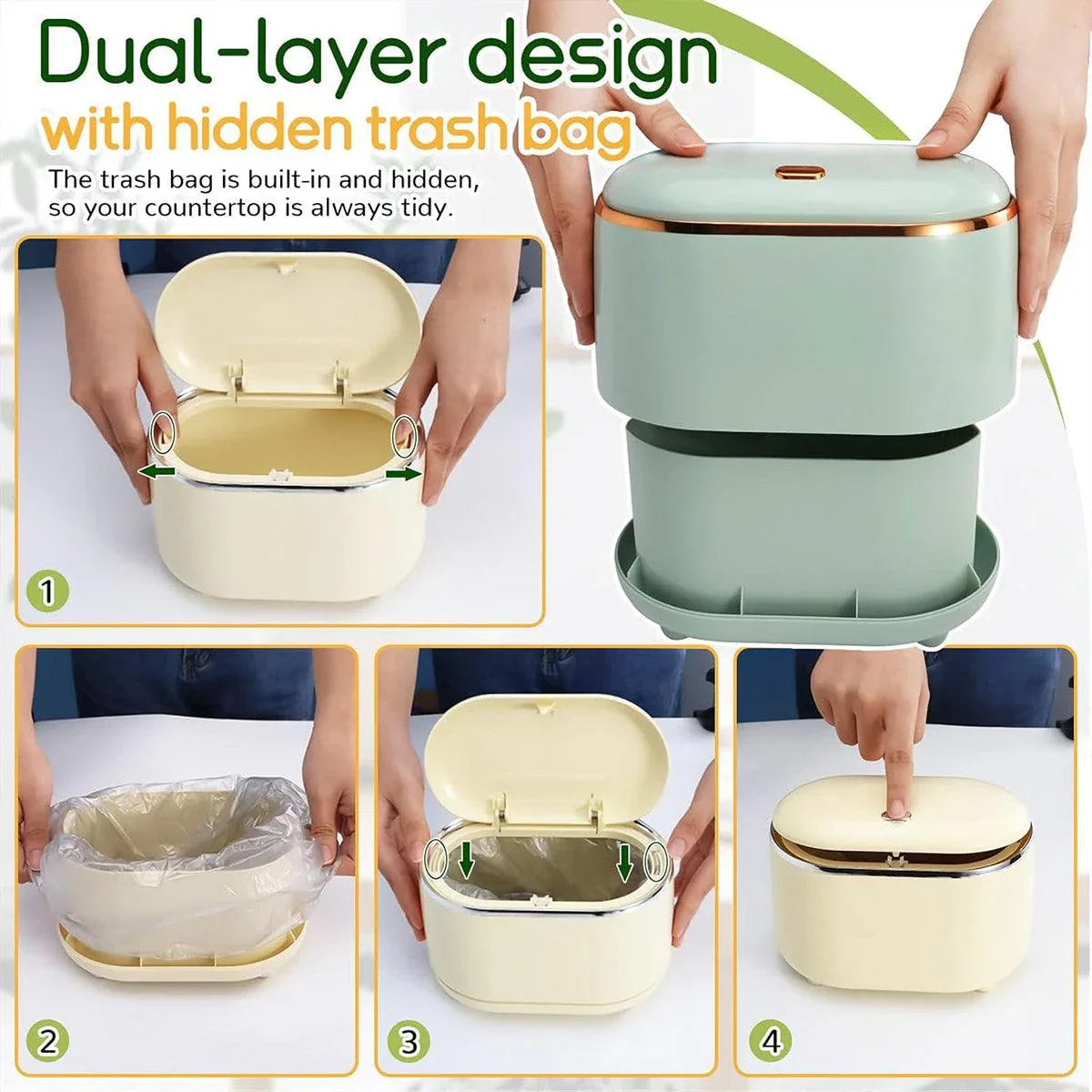 Small Desktop Trash Can Oval Pop Up Lid Rubbish Bin Waste Organizer Container - Beige - Mekamart Australia