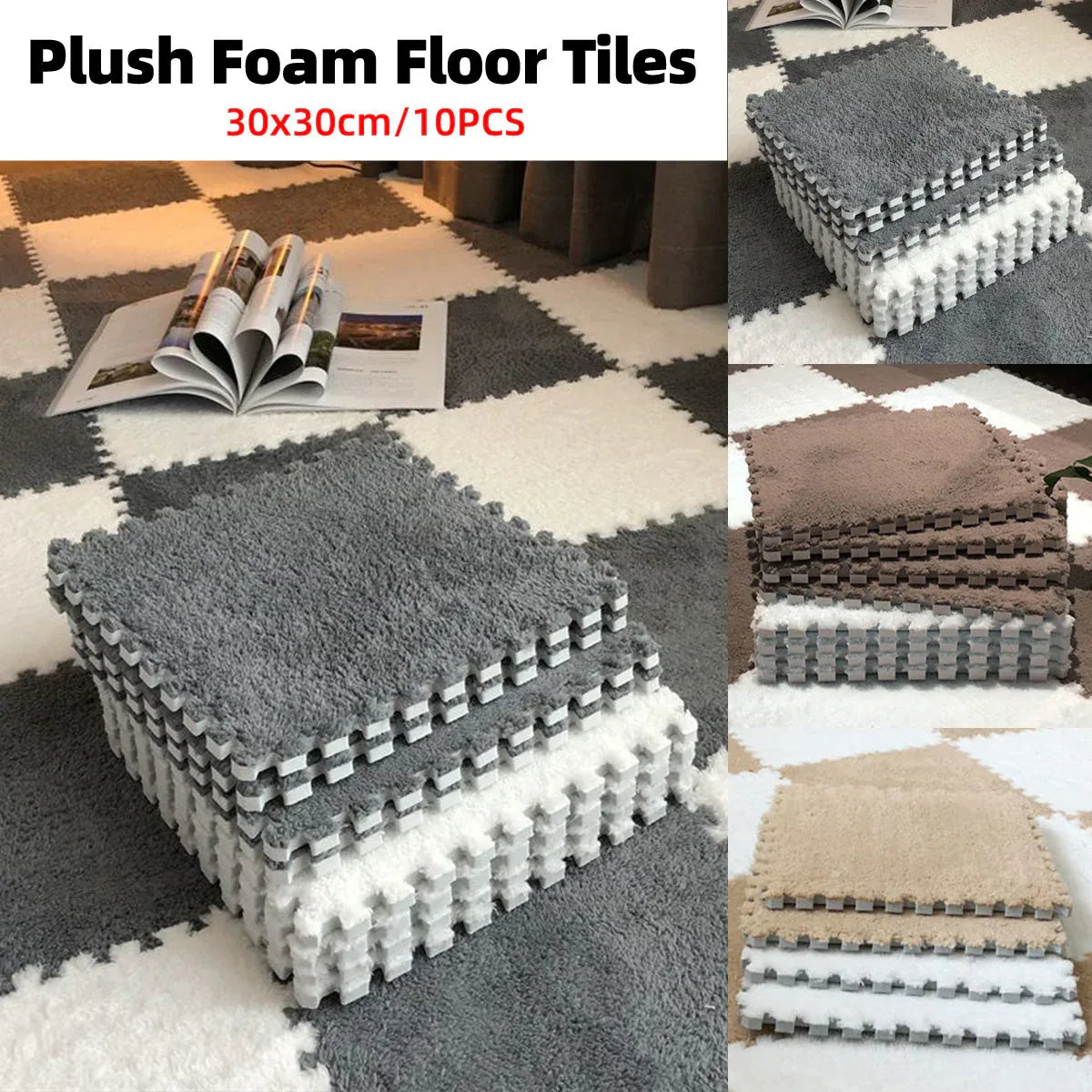 Foam Floor Mats Set 10PCS Shaggy Interlocking Tiles Soft for Kids Room Play Area - Camel-White - Mekamart Australia