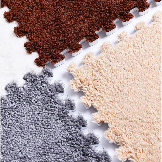 Foam Floor Mats Set 10PCS Shaggy Interlocking Tiles Soft for Kids Room Play Area - Camel-White - Mekamart Australia