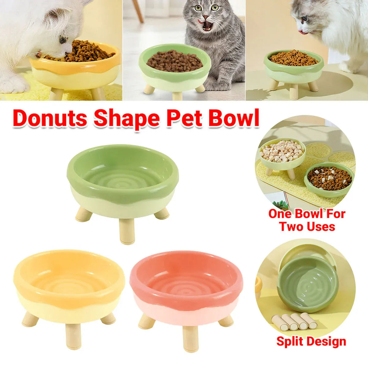 Cat Food Water Bowl Non Slip Raised Pet Feeding Dish Elevated Feeder Cats - Green