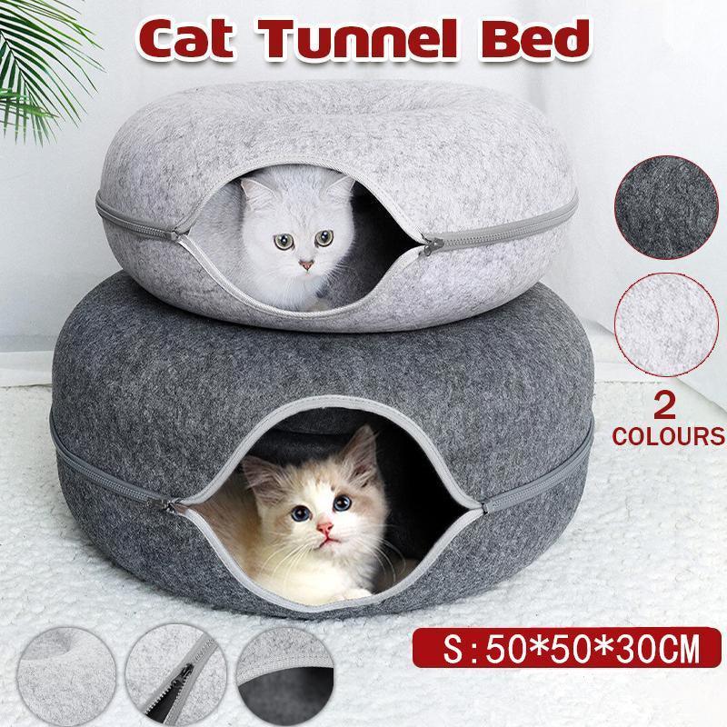 Felt Cat Tunnel Bed Donut Cave Nest for Kittens and Small Pets 50x30cm - Dark Grey - Mekamart Australia