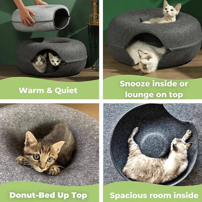Felt Cat Tunnel Bed Donut Cave Nest for Kittens and Small Pets 50x30cm - Dark Grey - Mekamart Australia