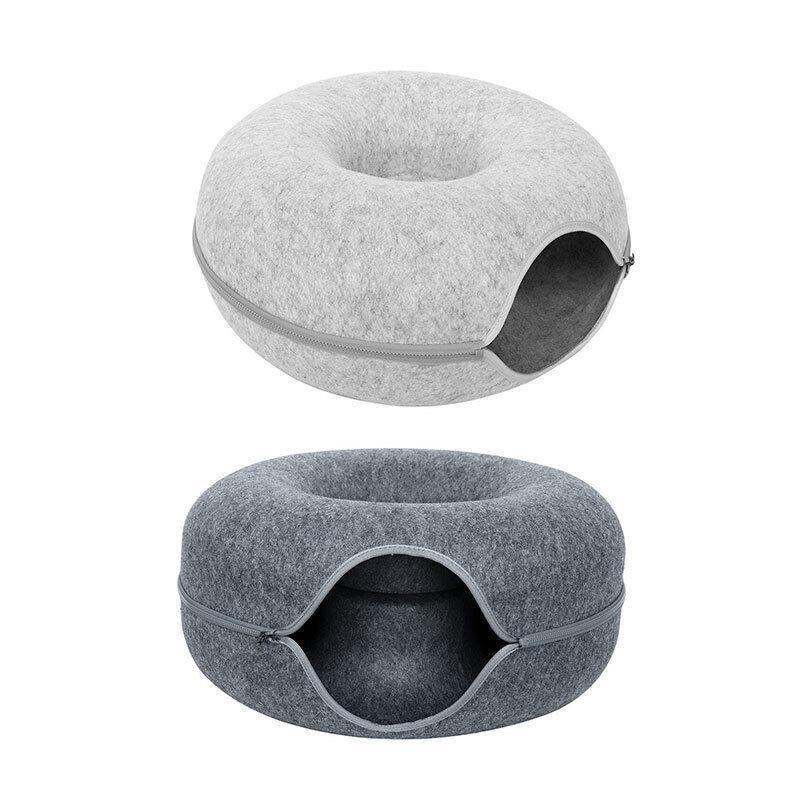 Felt Cat Tunnel Bed Donut Cave Nest for Kittens and Small Pets 50x30cm - Light Grey - Mekamart Australia