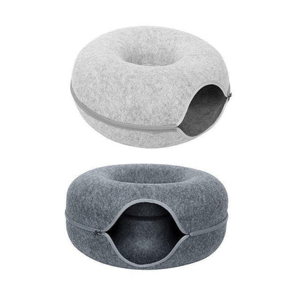 Felt Cat Tunnel Bed Donut Cave Nest for Kittens and Small Pets 50x30cm - Light Grey - Mekamart Australia