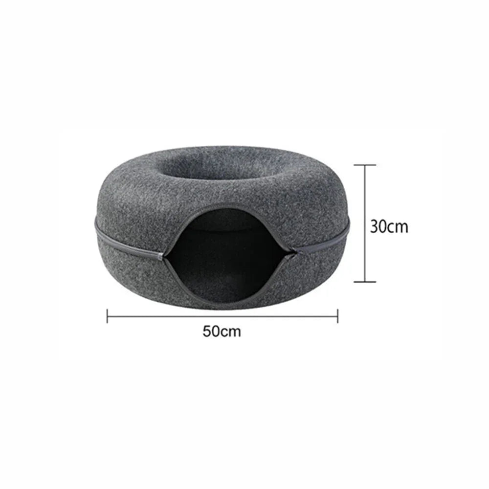 Felt Cat Tunnel Bed Donut Cave Nest for Kittens and Small Pets 50x30cm - Light Grey - Mekamart Australia