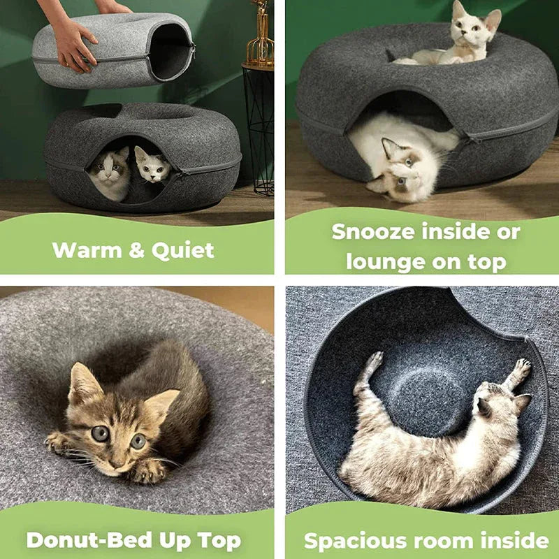 Felt Cat Tunnel Bed Donut Cave Nest for Kittens and Small Pets 50x30cm - Light Grey - Mekamart Australia