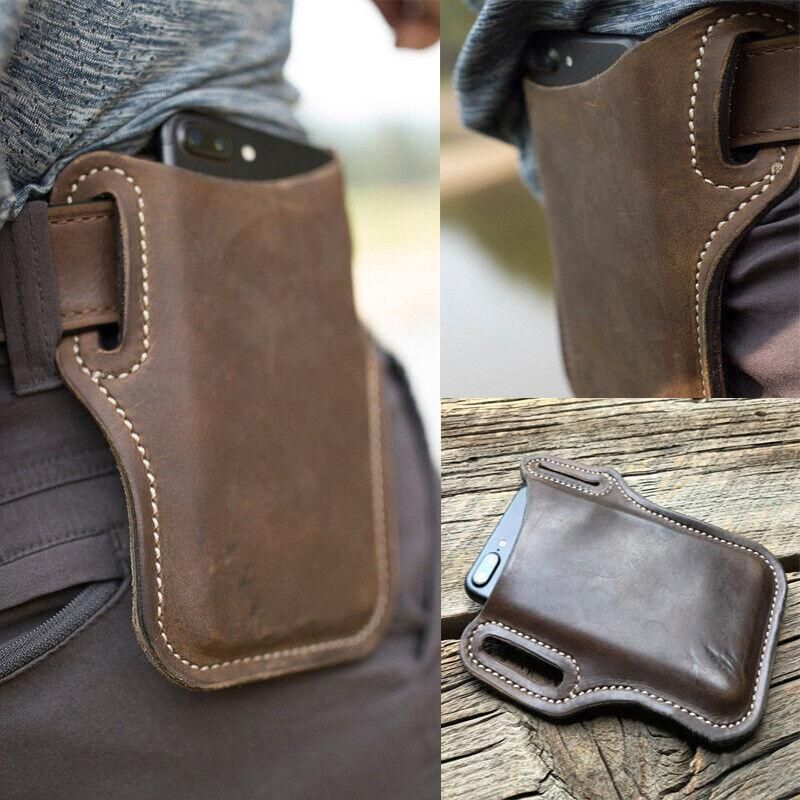 Leather Phone Holster Pouch Belt Clip Loop Waist Bag Cover Case for Men - Dark Brown