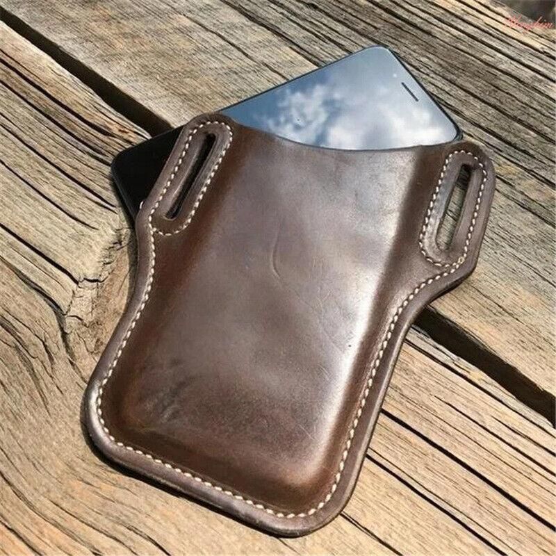 Leather Phone Holster Pouch Belt Clip Loop Waist Bag Cover Case for Men - Dark Brown