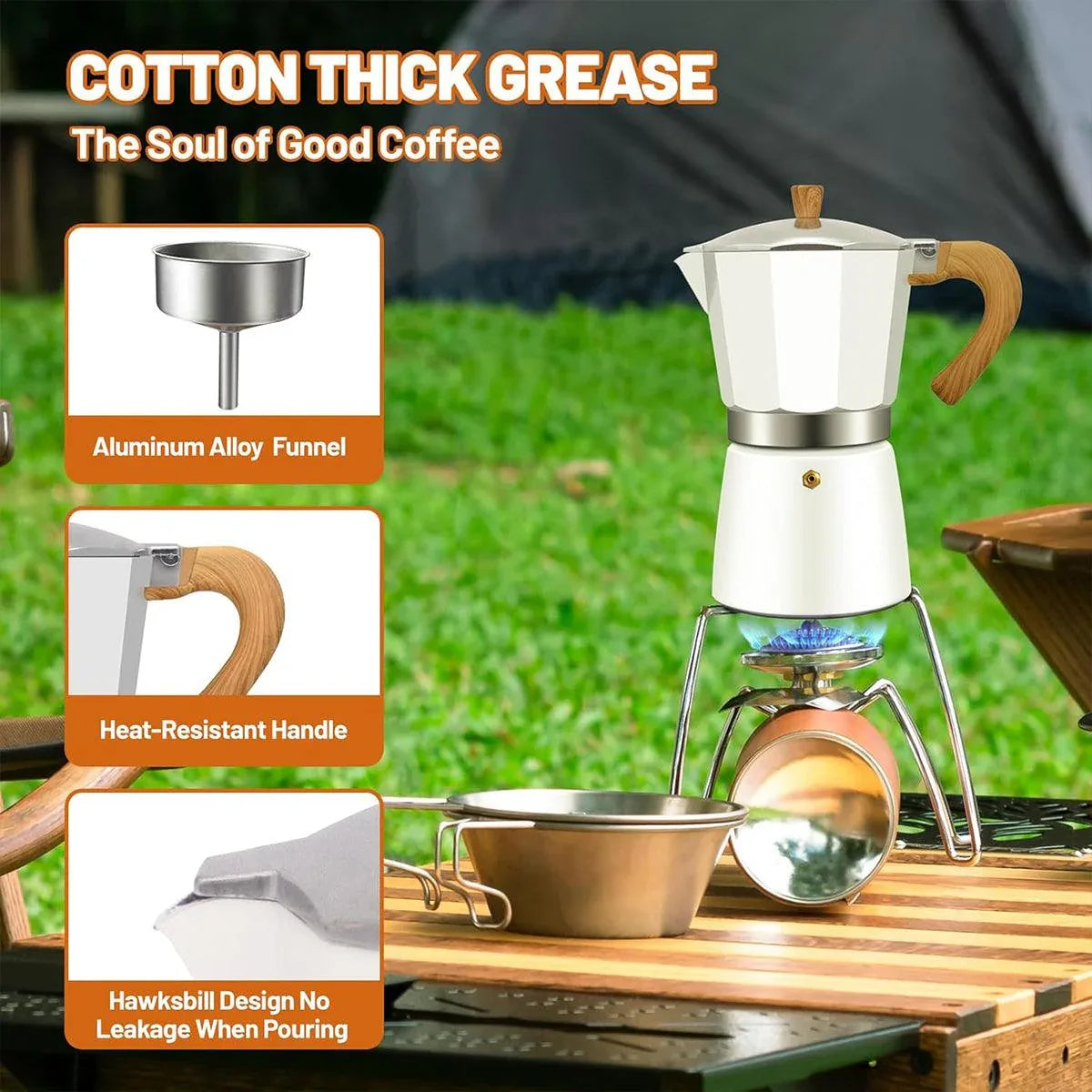 Portable Coffee Maker Wood Grain Handle Outdoor Manual Espresso Machine Camping - Beige-300ml - Mekamart Australia