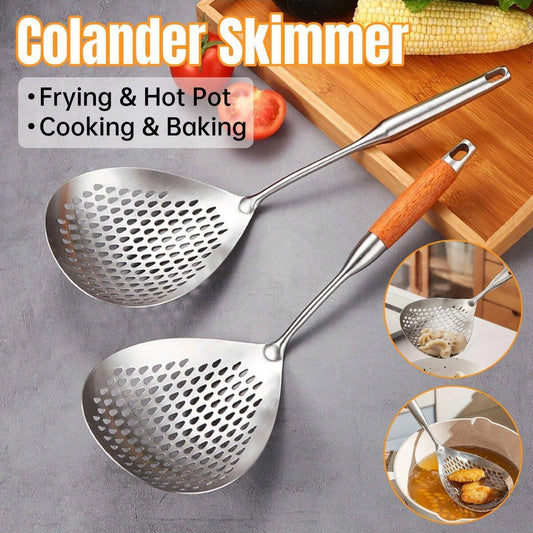 304 Stainless Steel Kitchen Colander Long Handle Noodle Dumpling Strainer Spoon - Yellow wood - Mekamart Australia