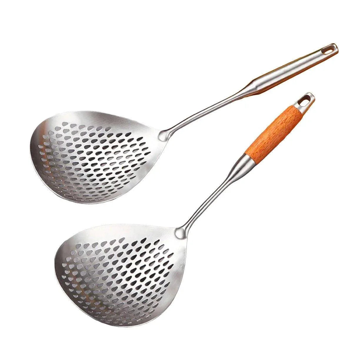 304 Stainless Steel Kitchen Colander Long Handle Noodle Dumpling Strainer Spoon - Yellow wood - Mekamart Australia