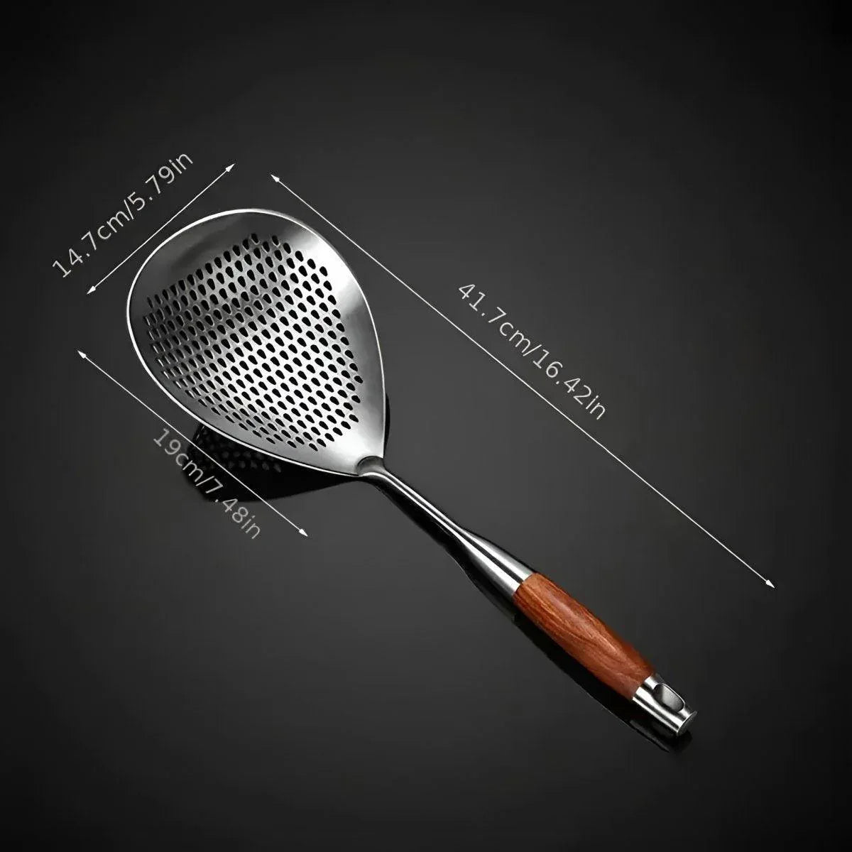 304 Stainless Steel Kitchen Colander Long Handle Noodle Dumpling Strainer Spoon - Yellow wood - Mekamart Australia