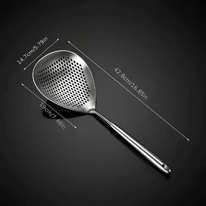 304 Stainless Steel Kitchen Colander Long Handle Noodle Dumpling Strainer Spoon - Yellow wood - Mekamart Australia