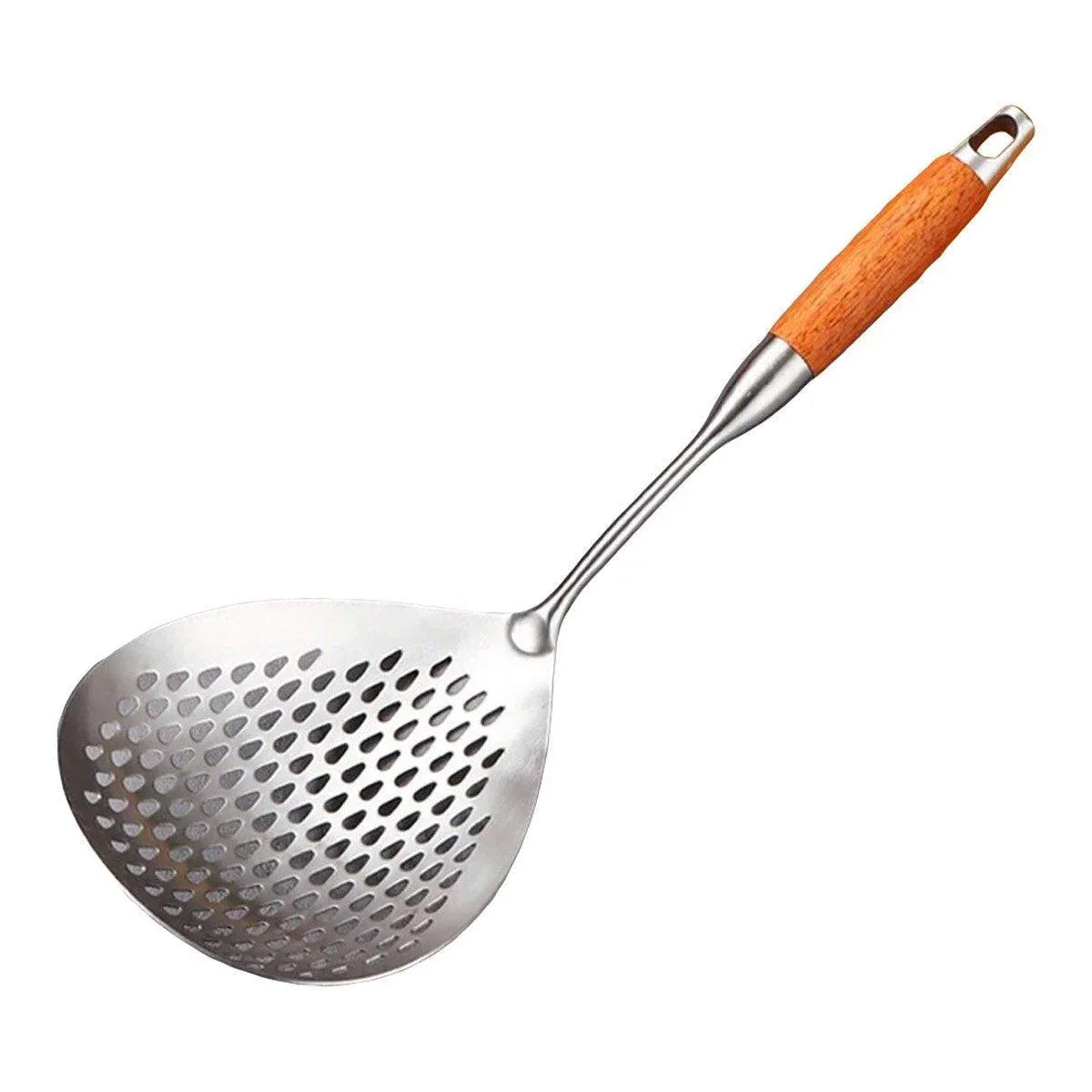 304 Stainless Steel Kitchen Colander Long Handle Noodle Dumpling Strainer Spoon - Yellow wood - Mekamart Australia