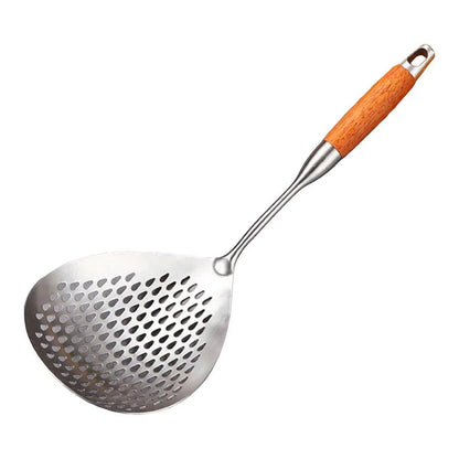 304 Stainless Steel Kitchen Colander Long Handle Noodle Dumpling Strainer Spoon - Yellow wood - Mekamart Australia