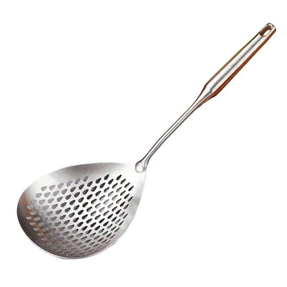 304 Stainless Steel Kitchen Colander Long Handle Noodle Dumpling Strainer Spoon - Yellow wood - Mekamart Australia