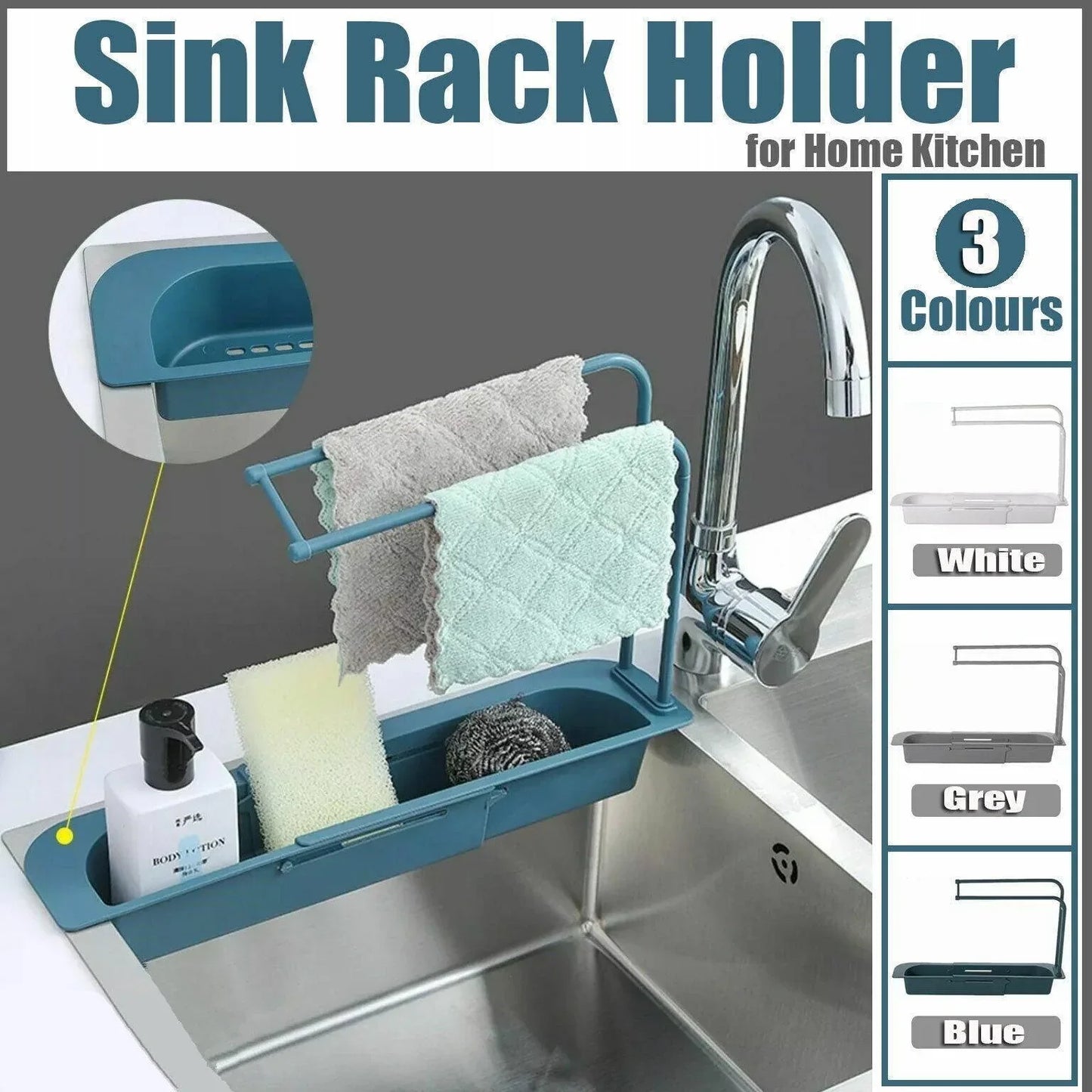 Telescopic Sink Rack Holder Expandable Storage Drain Basket Home Kitchen Kit - Blue - Mekamart Australia