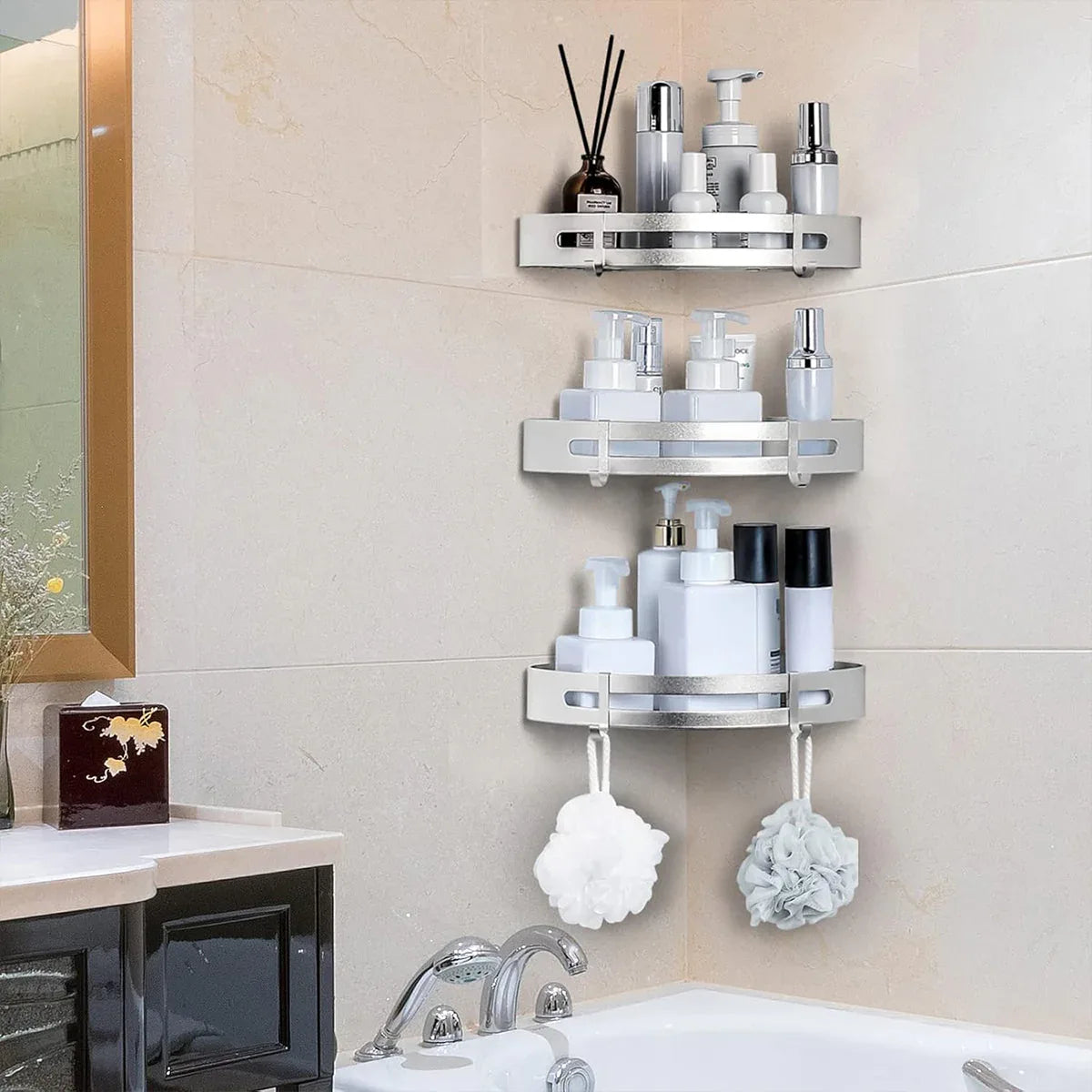Wall Mounted Bathroom Shelf Triangle Corner Shower Storage Rack for Toiletries - Single layer with rod - Mekamart Australia