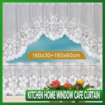 2Pcs/Set White Lace Kitchen Home Window Cafe Curtain W Scallope Edge 160Cm Wide - Mekamart Australia