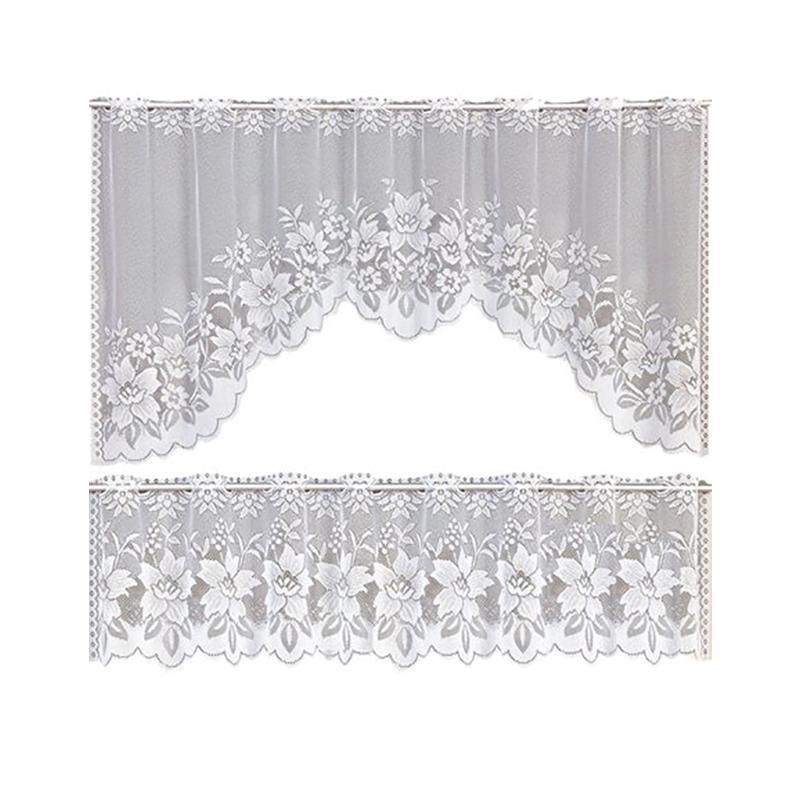 2Pcs/Set White Lace Kitchen Home Window Cafe Curtain W Scallope Edge 160Cm Wide - Mekamart Australia