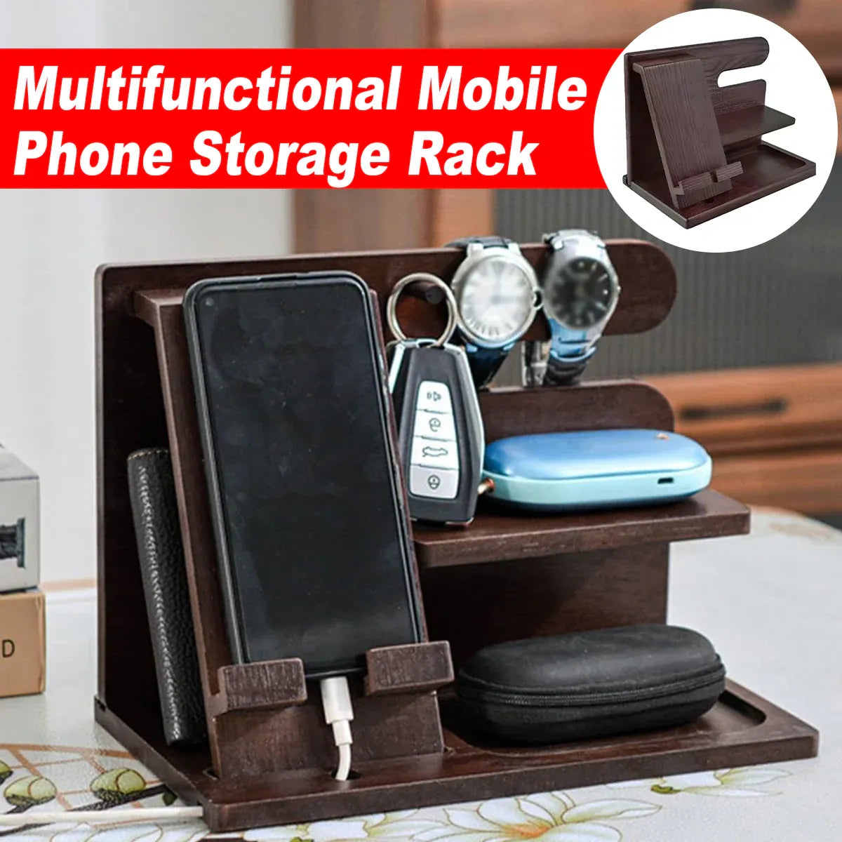 Solid Wood Multi function Desktop Phone Stand Durable Stable Non Slip Space Saving