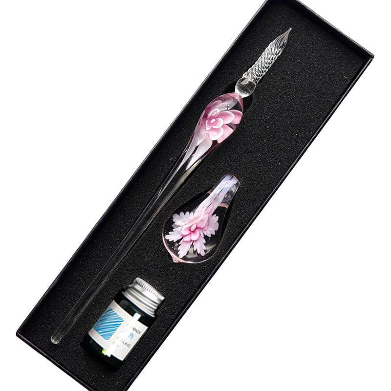 Crystal Flower Glass Dipping Dip Pen Writing Set Gift Pack Fountain Calligraphy - Yellow
