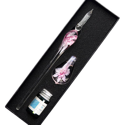 Crystal Flower Glass Dipping Dip Pen Writing Set Gift Pack Fountain Calligraphy - Yellow