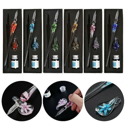 Crystal Flower Glass Dipping Dip Pen Writing Set Gift Pack Fountain Calligraphy - Yellow
