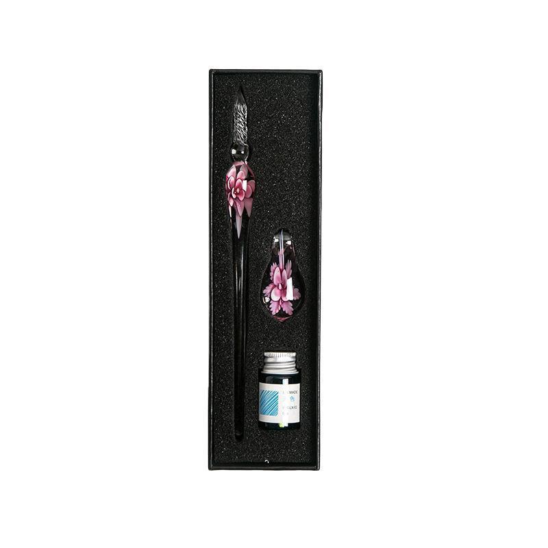 Crystal Flower Glass Dipping Dip Pen Writing Set Gift Pack Fountain Calligraphy - Yellow