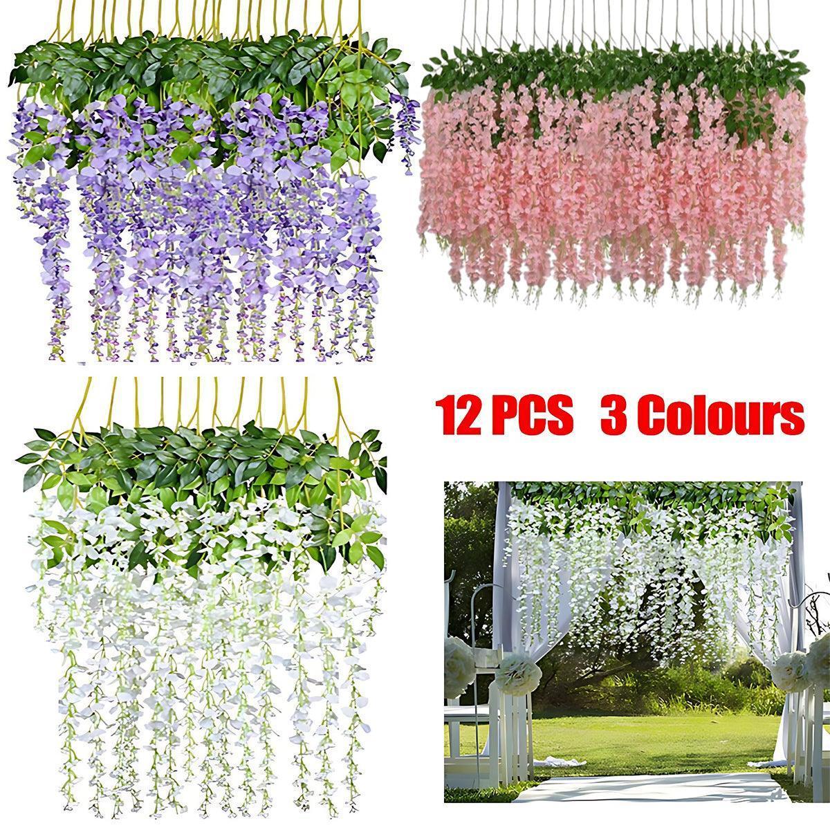 12X Artificial Silk Fake Flower Garland Vine Wisteria Leaf Hanging Wedding Decor - White - Mekamart Australia