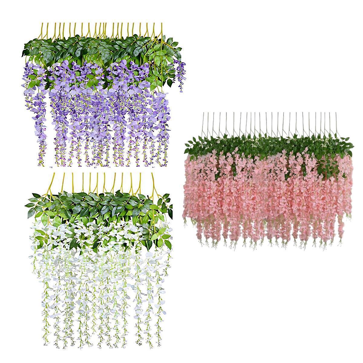 12X Artificial Silk Fake Flower Garland Vine Wisteria Leaf Hanging Wedding Decor - White - Mekamart Australia