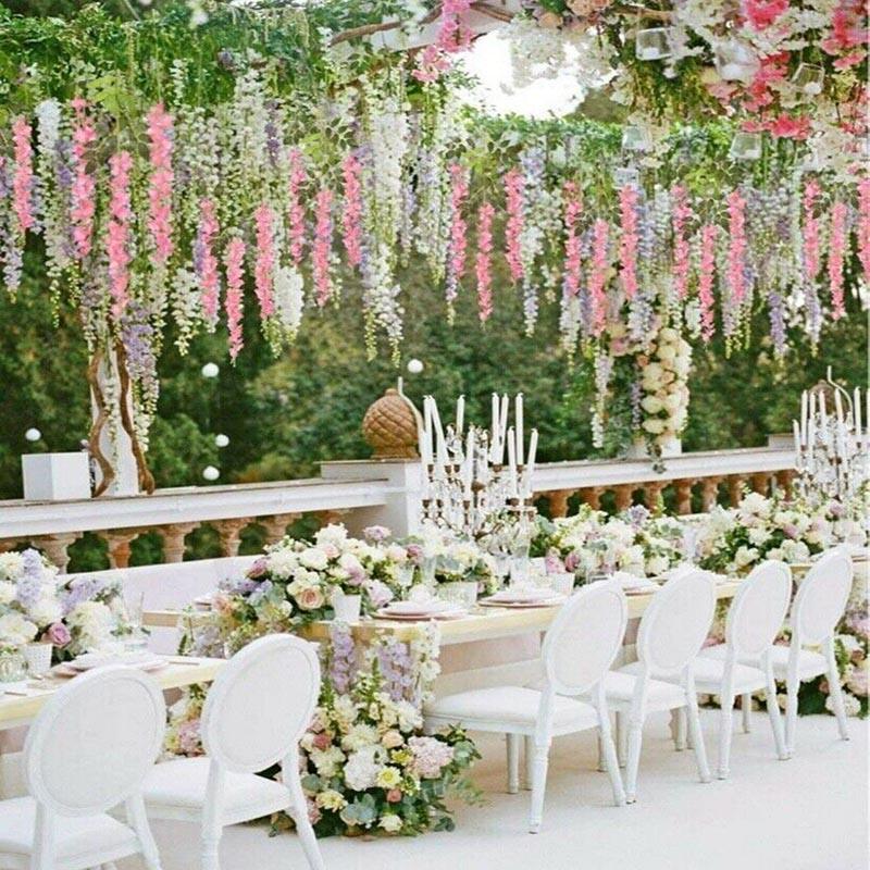 12X Artificial Silk Fake Flower Garland Vine Wisteria Leaf Hanging Wedding Decor - White - Mekamart Australia