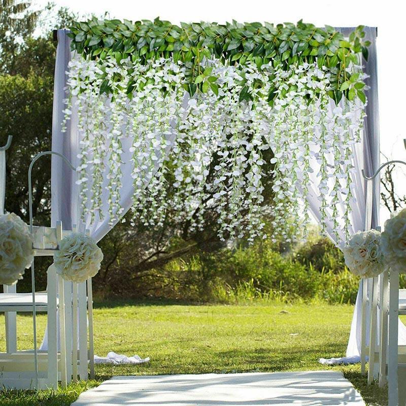 12X Artificial Silk Fake Flower Garland Vine Wisteria Leaf Hanging Wedding Decor - White - Mekamart Australia