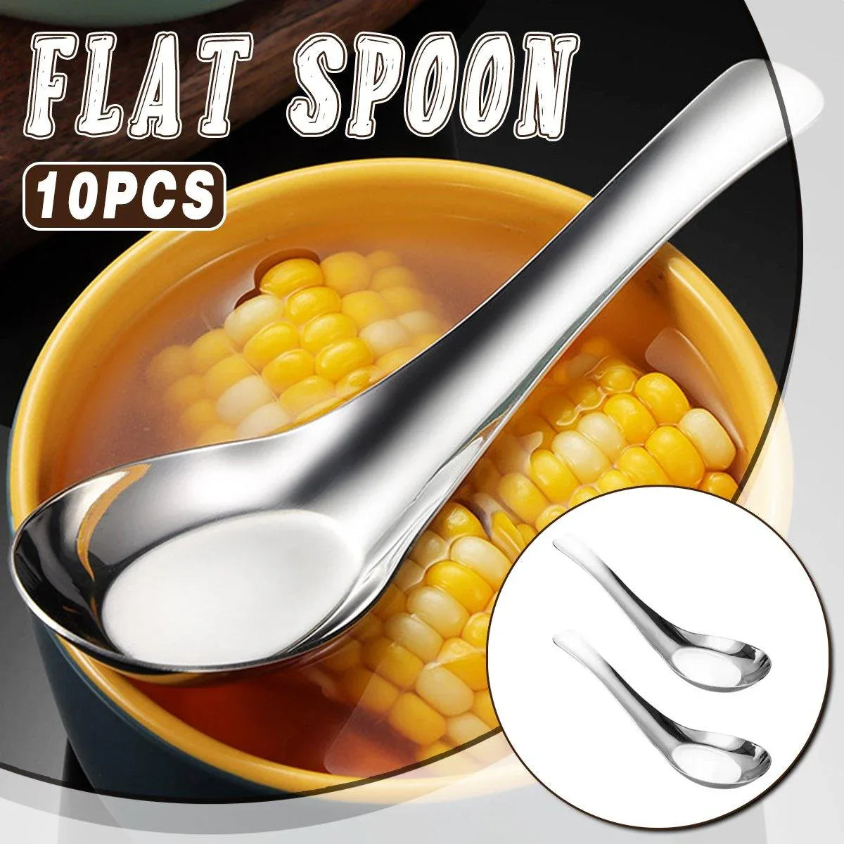 10pcs Stainless Steel Flat Bottom Spoon Household Kitchen Dining Soup Spoon Set - Mekamart Australia