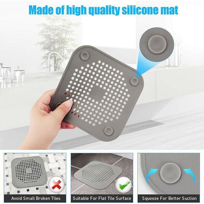 2X Square Drain Cover For Shower Drain Hair Catcher Flat Silicone Plug For Bath - Grey - Mekamart Australia