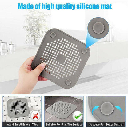 2X Square Drain Cover For Shower Drain Hair Catcher Flat Silicone Plug For Bath - Grey - Mekamart Australia