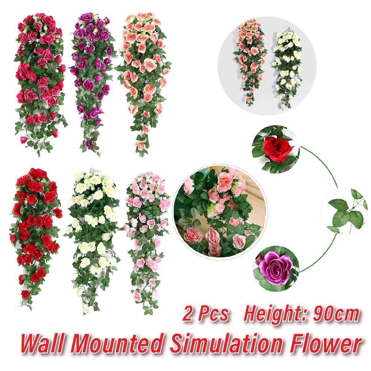 2PCS Artificial Rose Flower Garland Hanging Vine Home Wall Decor Fake Rattan - Rose Red - Mekamart Australia