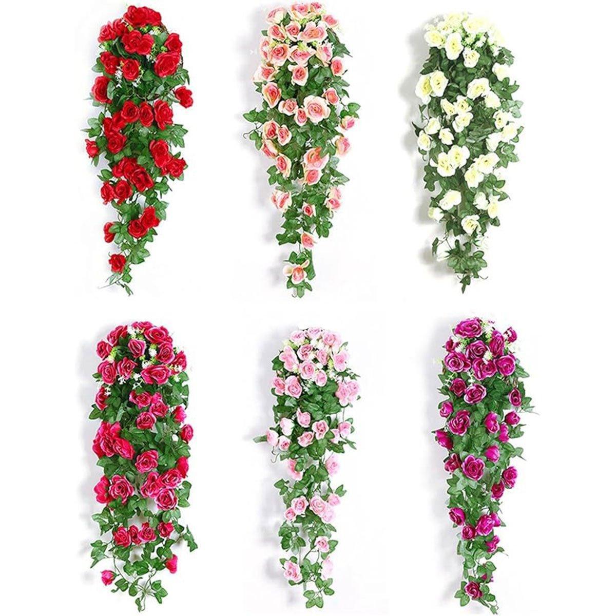 2PCS Artificial Rose Flower Garland Hanging Vine Home Wall Decor Fake Rattan - Rose Red - Mekamart Australia