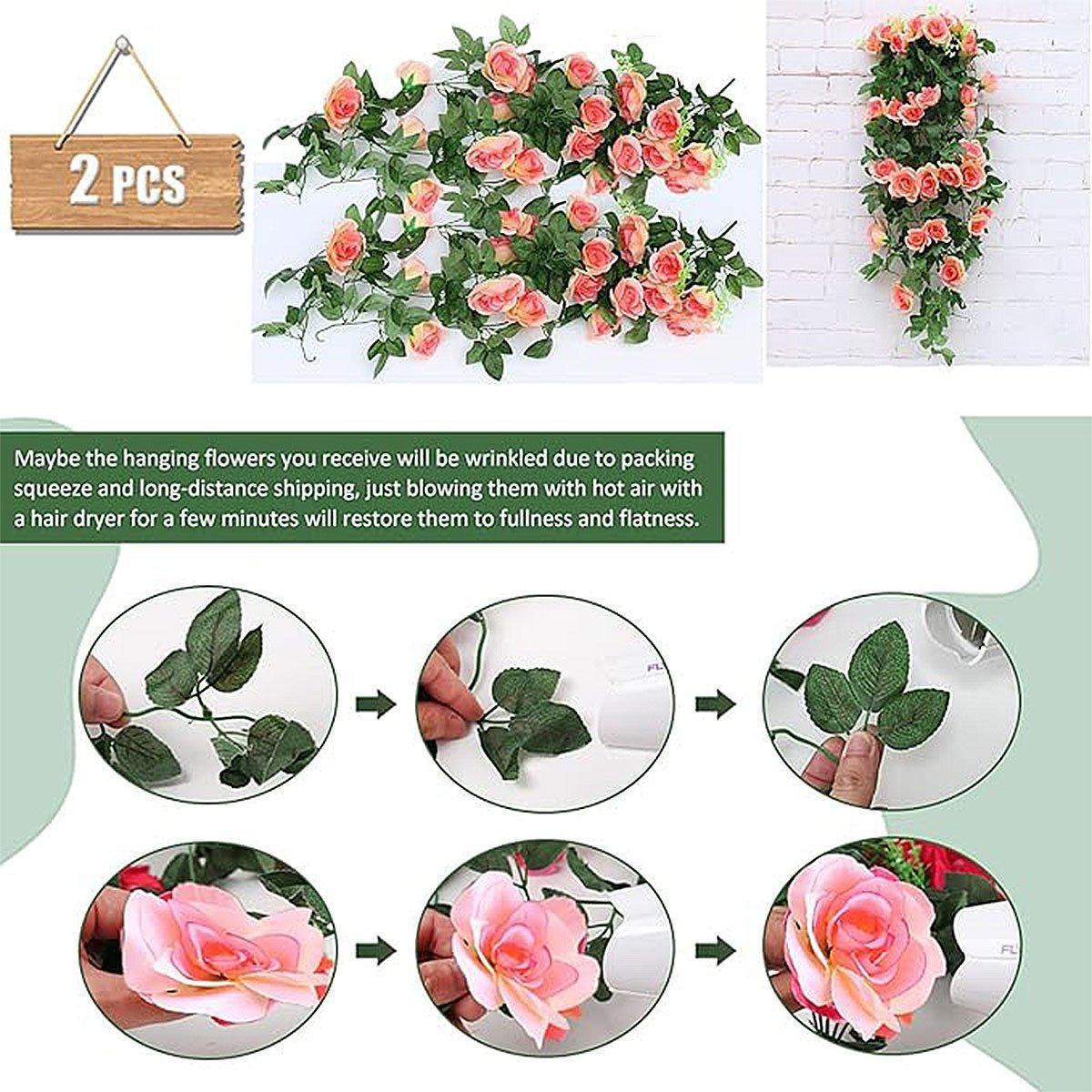 2PCS Artificial Rose Flower Garland Hanging Vine Home Wall Decor Fake Rattan - Rose Red - Mekamart Australia
