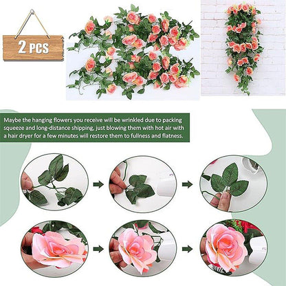 2PCS Artificial Rose Flower Garland Hanging Vine Home Wall Decor Fake Rattan - Rose Red - Mekamart Australia