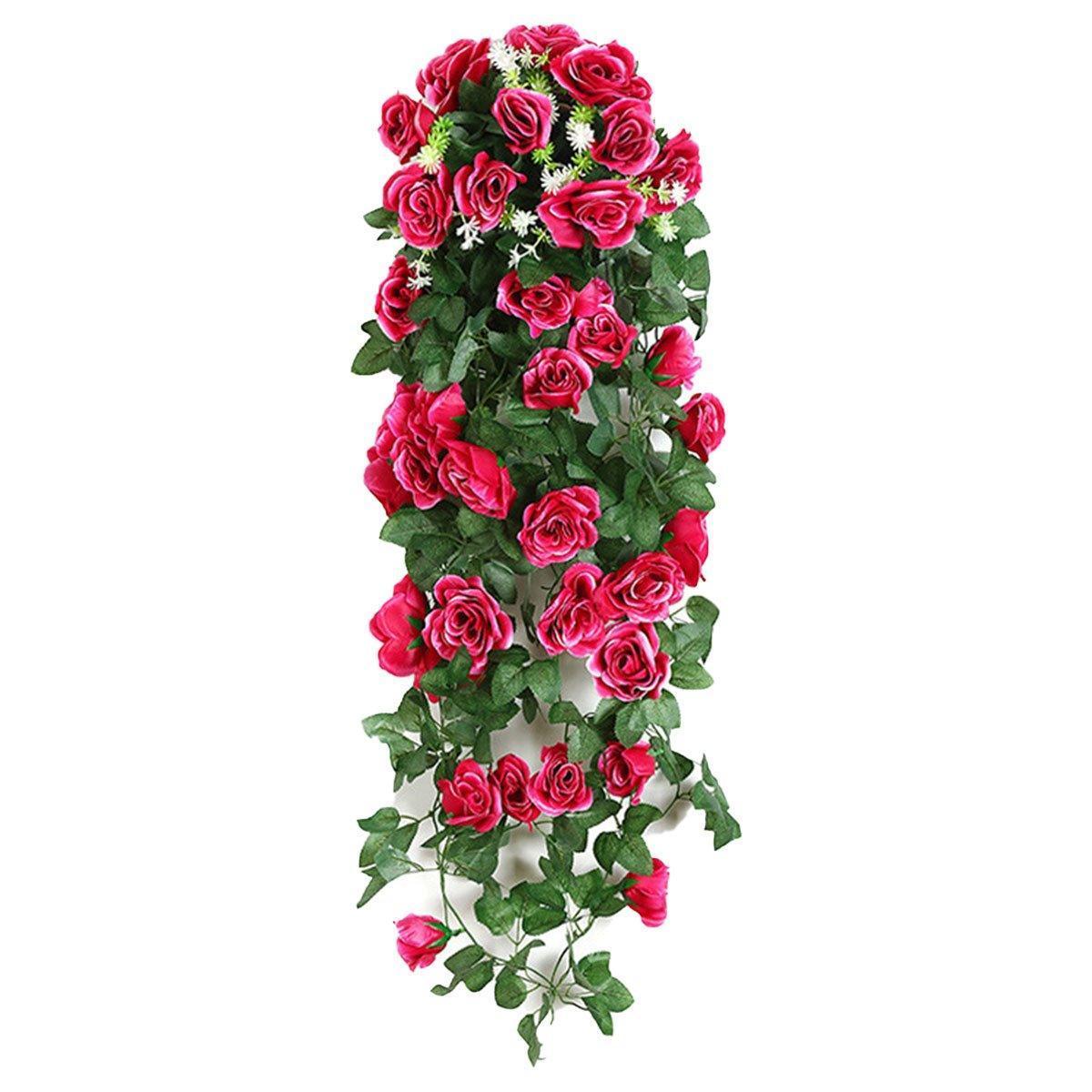 2PCS Artificial Rose Flower Garland Hanging Vine Home Wall Decor Fake Rattan - Rose Red - Mekamart Australia