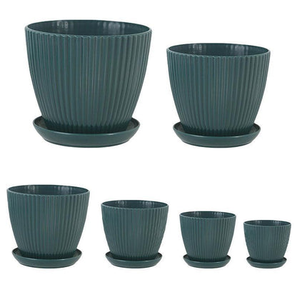 6PCS Simple Plastic Round Plant Pots Vertical Stripes Flower Pot Green Gardening - White - Mekamart Australia