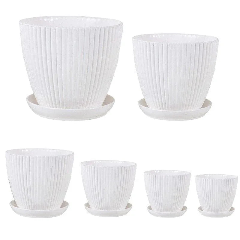 6PCS Simple Plastic Round Plant Pots Vertical Stripes Flower Pot Green Gardening - White - Mekamart Australia