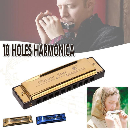 Harmonica 10 Holes Key Of C Blue Blues Harp Stainless Steel Brass - Gold - Mekamart Australia
